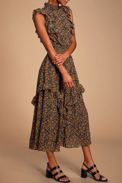 Elegant College Floral Patchwork Turtleneck Waist Skirt Dresses