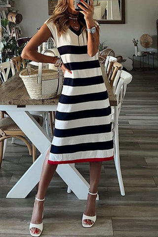 Casual Striped Patchwork V Neck Printed Dress Dresses