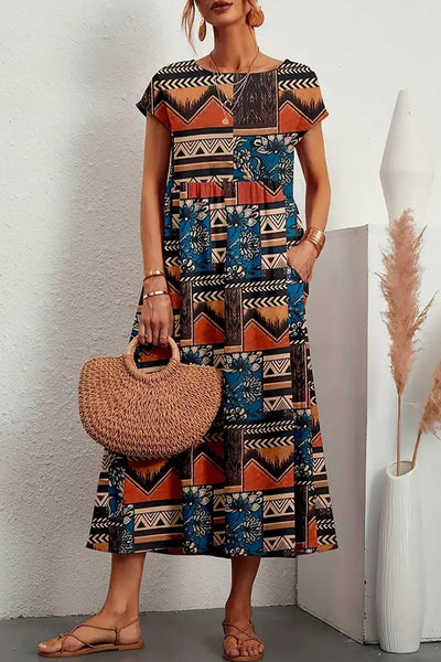 Casual Floral Pocket O Neck Printed Dress Dresses