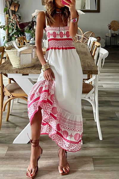 Casual Sweet Print Frenulum Square Collar Sling Dress Dresses