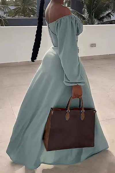 Casual Vacation Solid Slit Fold Off the Shoulder Long Sleeve Two Pieces
