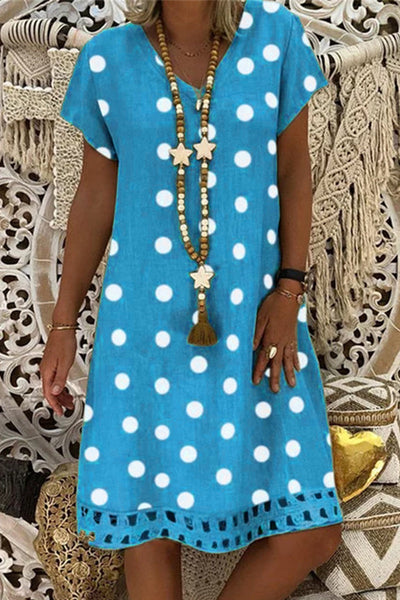 Women V-Neck Short Sleeve Hollow Polka Dot Summer Dress