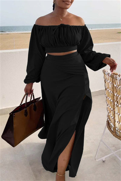 Casual Vacation Solid Slit Fold Off the Shoulder Long Sleeve Two Pieces