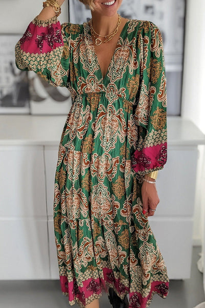Elegant College Print Patchwork V Neck Printed Dress Dresses