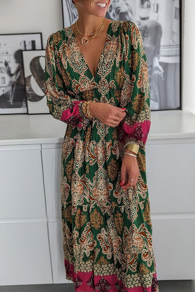 Elegant College Print Patchwork V Neck Printed Dress Dresses