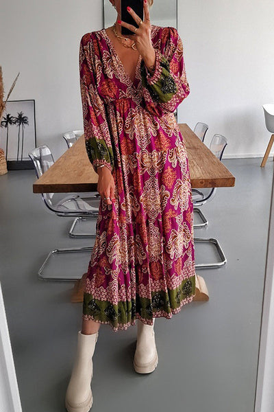 Elegant College Print Patchwork V Neck Printed Dress Dresses