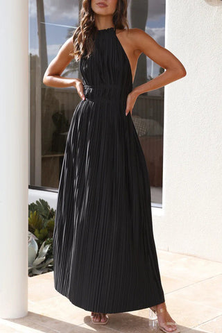 Elegant Solid Backless Fold Halter Waist Skirt Dresses