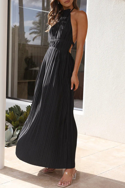 Elegant Solid Backless Fold Halter Waist Skirt Dresses