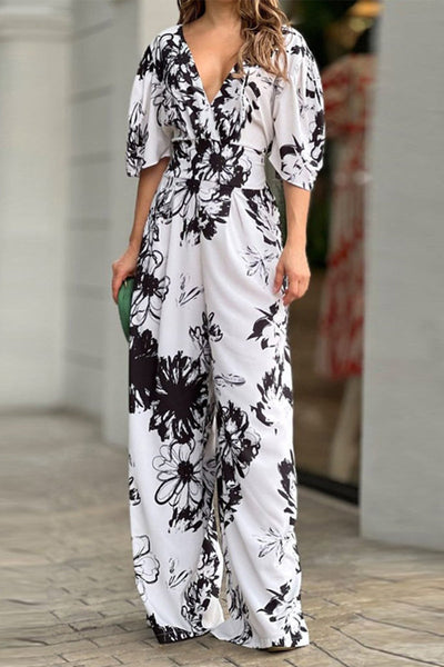 Casual Elegant Floral Patchwork V Neck Loose Jumpsuits