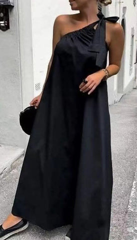 Casual Solid Frenulum Oblique Collar Sleeveless Dress Dresses