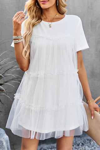 Sweet Elegant Solid Mesh O Neck Short Sleeve Dress