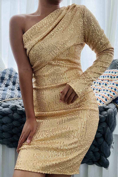 Sexy Solid Sequins One Shoulder One Step Skirt Dresses