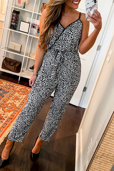 Street Print Leopard Patchwork Spaghetti Strap Regular Jumpsuits