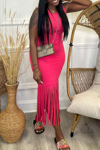 Casual Solid Tassel O Neck Sleeveless Dress Dresses