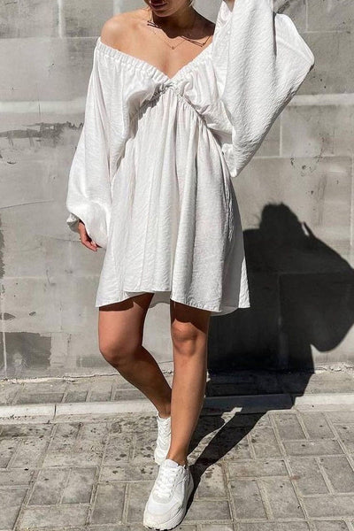 Sexy Simplicity Solid Flounce Fold V Neck Long Sleeve Dresses