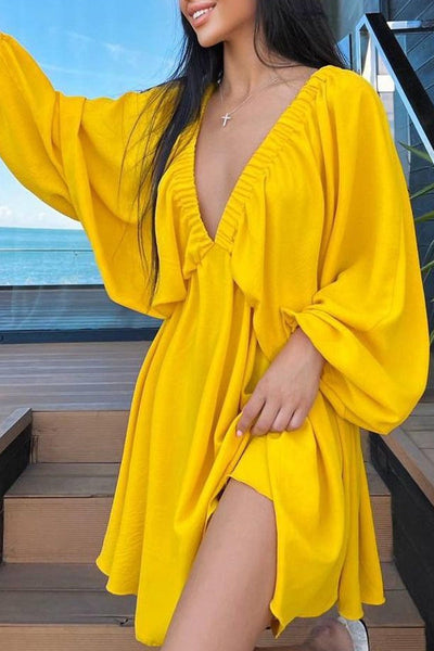 Sexy Simplicity Solid Flounce Fold V Neck Long Sleeve Dresses