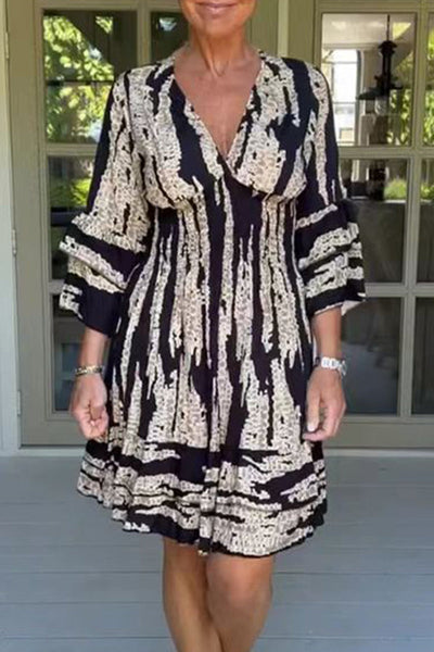 College Print Flounce V Neck A Line Dresses