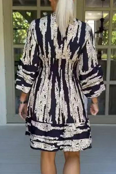 College Print Flounce V Neck A Line Dresses