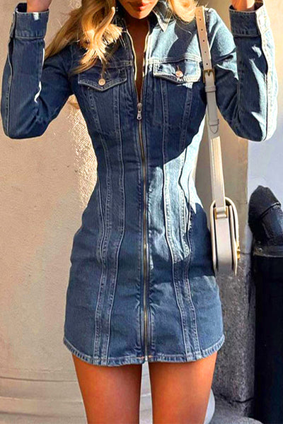 Casual Street Solid Zipper Turndown Collar Long Sleeve Regular Denim Dresses