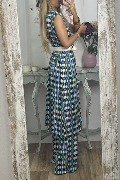 Casual Geometric With Belt Printing V Neck Sleeveless Two Pieces