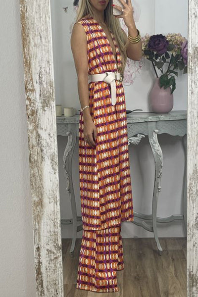 Casual Geometric With Belt Printing V Neck Sleeveless Two Pieces