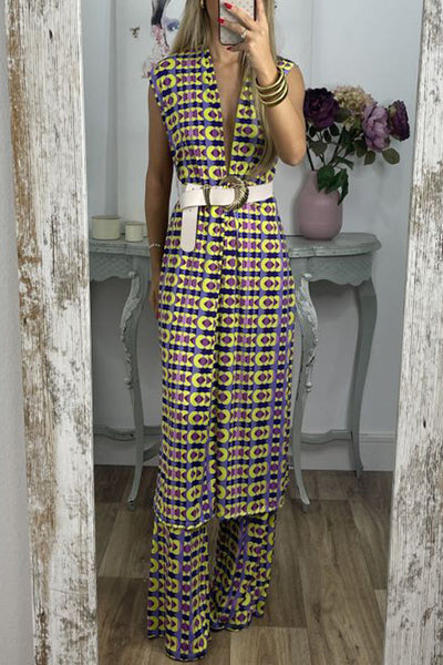 Casual Geometric With Belt Printing V Neck Sleeveless Two Pieces