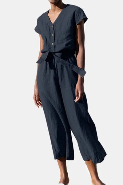 Casual British Style Solid Frenulum V Neck Loose Jumpsuits