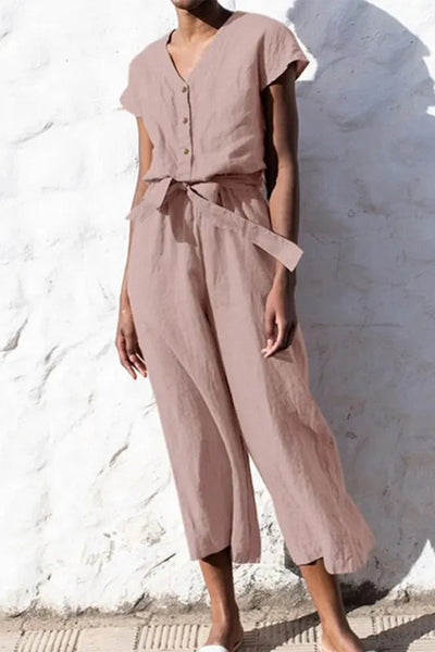 Casual British Style Solid Frenulum V Neck Loose Jumpsuits