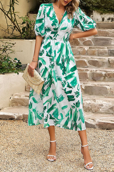 Elegant Print Patchwork V Neck A Line Dresses