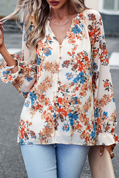 Sweet Elegant Floral Buttons V Neck Tops
