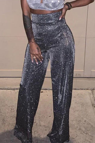Casual Street Solid Sequined Loose High Waist Wide Leg Bottoms