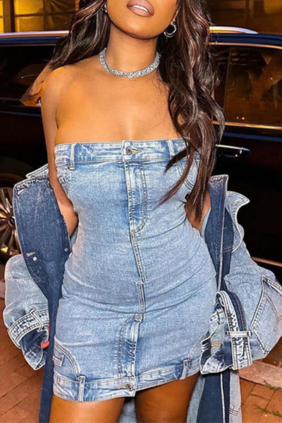 Sexy Solid Patchwork Buttons Backless Strapless Sleeveless High Waist Skinny Denim Dresses(Without Outerwear )