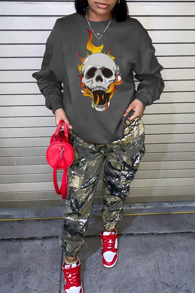 Casual Daily Print Skull Patchwork O Neck Tops