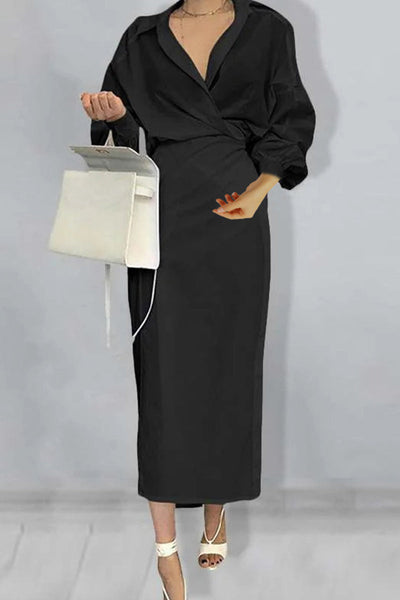Elegant Solid Fold Turndown Collar Wrapped Skirt Dresses