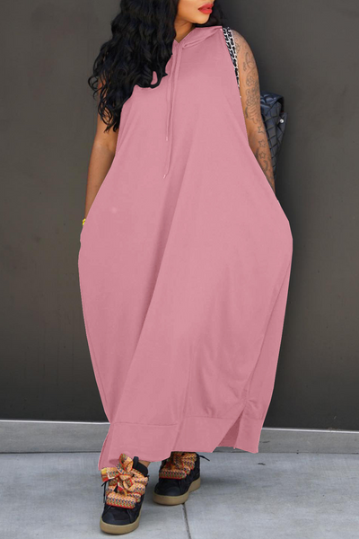 Casual Solid Draw String Pocket Slit Hooded Collar Straight Dresses
