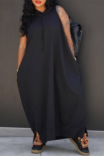 Casual Solid Draw String Pocket Slit Hooded Collar Straight Dresses