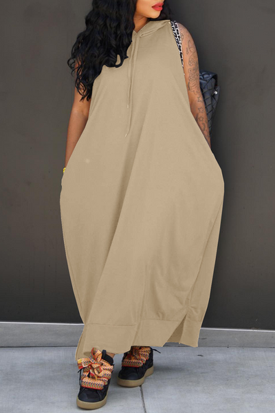 Casual Solid Draw String Pocket Slit Hooded Collar Straight Dresses