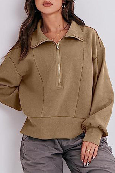 Casual Solid Zipper Zipper Collar Tops