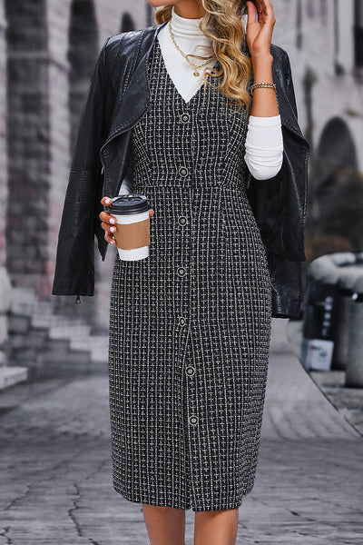 Celebrities Elegant Plaid Patchwork Buttons V Neck Sleeveless Dress Dresses