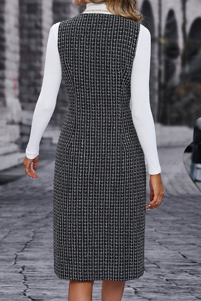 Celebrities Elegant Plaid Patchwork Buttons V Neck Sleeveless Dress Dresses