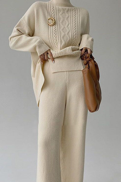 Casual Solid Slit Turtleneck Long Sleeve Two Pieces