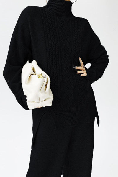 Casual Solid Slit Turtleneck Long Sleeve Two Pieces