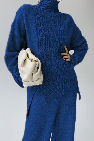 Casual Solid Slit Turtleneck Long Sleeve Two Pieces