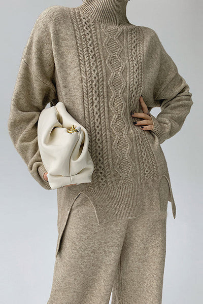 Casual Solid Slit Turtleneck Long Sleeve Two Pieces