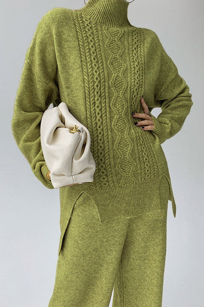 Casual Solid Slit Turtleneck Long Sleeve Two Pieces