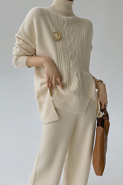 Casual Solid Slit Turtleneck Long Sleeve Two Pieces