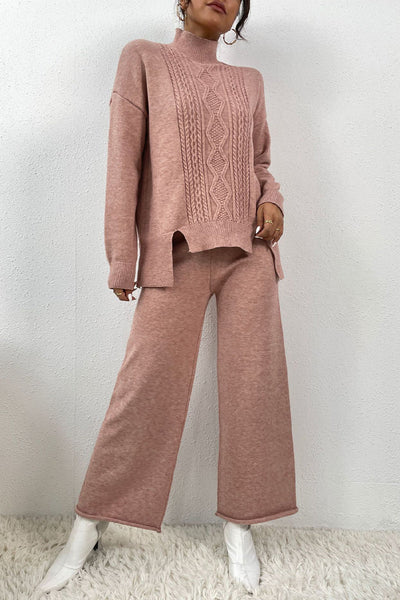 Casual Solid Slit Turtleneck Long Sleeve Two Pieces