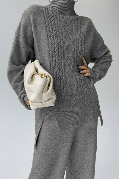 Casual Solid Slit Turtleneck Long Sleeve Two Pieces