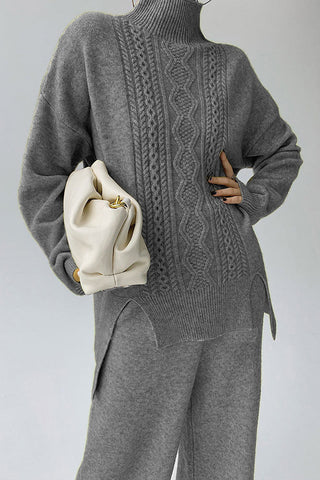 Casual Solid Slit Turtleneck Long Sleeve Two Pieces