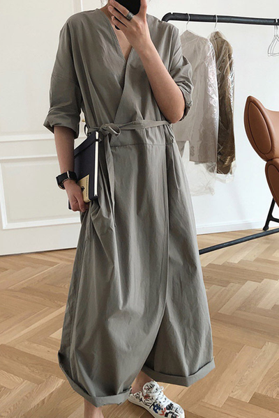 Casual College Solid Frenulum V Neck Loose Jumpsuits